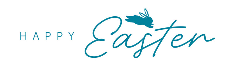 Obraz premium Happy Easter horizontal banner with calligraphy lettering and bunny silhouette, teal vector header