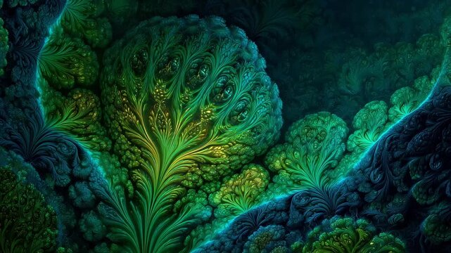 The image features a dense, fractal composition that resembles otherworldly vegetation, such as bioluminescent coral or moss.