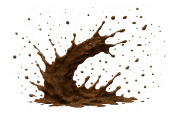 Mud splash creating an abstract brown water splatter with small dirty wet drops flying on transparent background