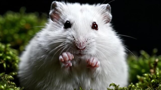 A delightful white hamster scurries through a lush green environment, playfully interacting with its surroundings and showcasing adorable movements.