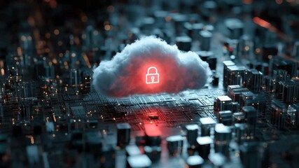 Global cybersecurity network represented as a secure cloud with a lock symbol soaring over a digital city landscape at twilight - Powered by Adobe