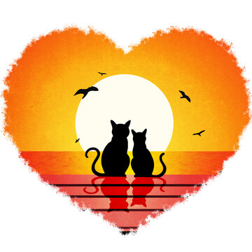 Two cats  sitting watching sunset beach silhouette