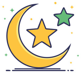 Fototapeta premium Celestial Crescent Moon and Star Duo Illustration with Festive Sparkles and Decorative Elements, Eid Celebration