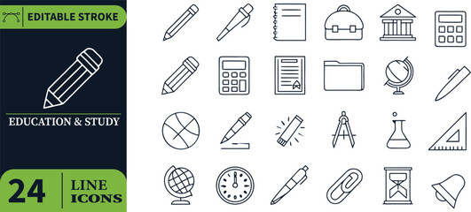 Collection of education and study related line icons for various learning concepts