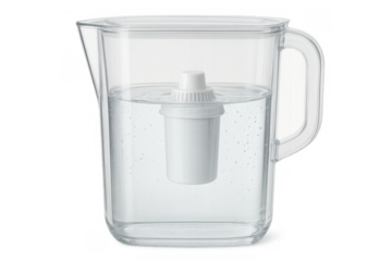 Water filter pitcher providing clean, purified drinking water, improving hydration and domestic health on transparent background