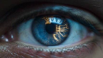 Reflection of a futuristic circuit board design within a human eye's iris, symbolizing technology and advanced vision