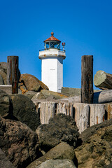 Historic lighthouse and keepers house at Fort Worden State Park in Washington