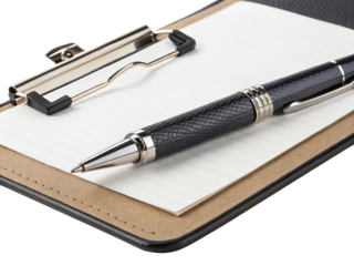 Clipboard with lined paper and black pen placed on desk surface for office writing and business use