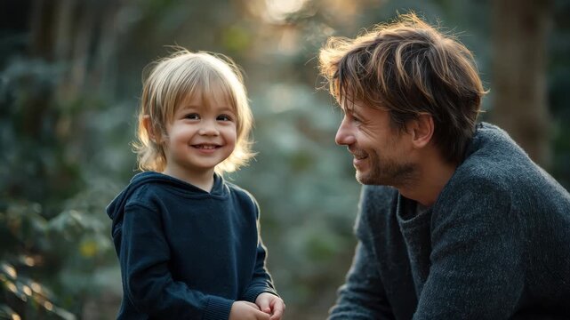 Father and son share joyful smiles in a serene outdoor setting during a sunny afternoon