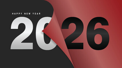 2026 New Year greeting card with vibrant yellow paper peel effect and modern font