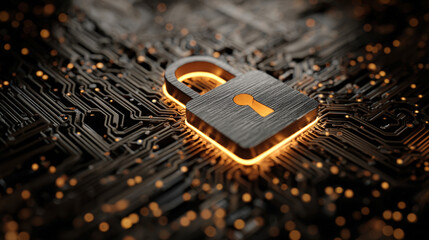 Advanced digital security concept. A metallic padlock icon glows with orange light on a detailed electronic circuit board, symbolizing cybersecurity, data privacy, and global network protection