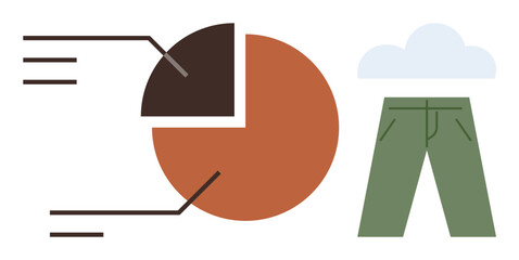 Pie chart with annotations, green pants, and minimal cloud emphasizing analytics in fashion trends and environmental themes. Ideal for data, clothing, sustainability, research, statistics, climate