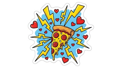 Energetic pizza slice with hearts and lightning