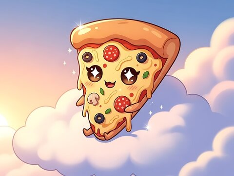 Whimsical slice of pizza in the clouds