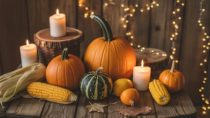 Cozy autumn table setting with pumpkins and candles