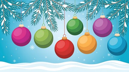 Colorful christmas ornaments on snowy branch