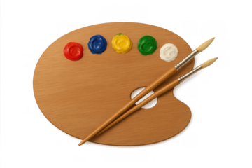 Wooden art palette holding red, blue, yellow, green, and white paints with two artist brushes, isolated on transparent background