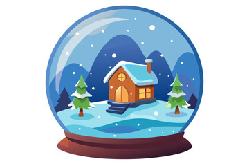Magical winter snow globe with a tiny cozy cottage and pine trees vector illustration