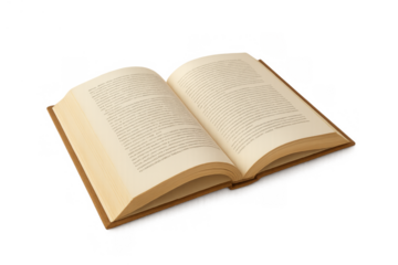 Open book with a hard cover displaying numerous pages with text, symbolizing education, reading, study, and literary exploration