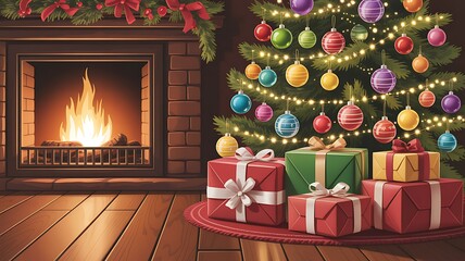 Cozy christmas living room with decorated tree and fireplace