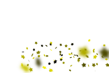 Stream of yellow and black star confetti drifting along the bottom edge, glowing shapes dancing like playful sparks and tiny trophies across a clean, open white celebration space


