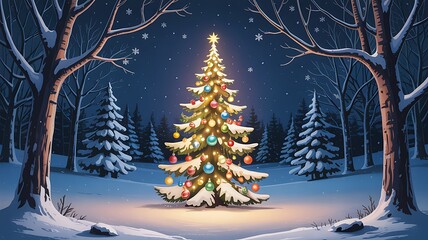 Christmas tree in snowy forest