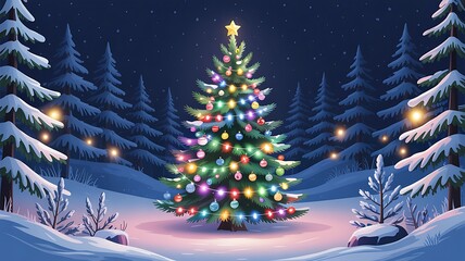 Christmas tree in snowy forest