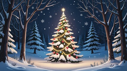 Christmas tree in snowy forest