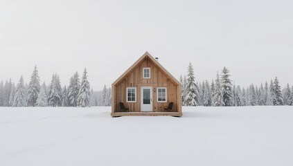 Minimal Scandinavian cozy winter cabin in snowy landscape, clean architecture and soft natural light creating modern winter vibes, elegant simplicity and calm atmosphere