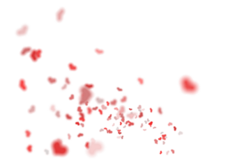 Diagonal cascade of blurred red petals and hearts tumbling across a bright white space, streaks of color capturing the feeling of love in motion and a whirlwind of tender emotion

