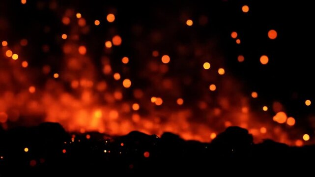 A fiery scene of embers floating through a dark night's sky, with blurred lights and shadows