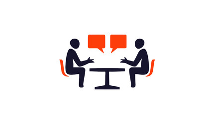 Two Business People Collaborating and Discussing at a Table with Speech Bubbles on Isolated White Background.