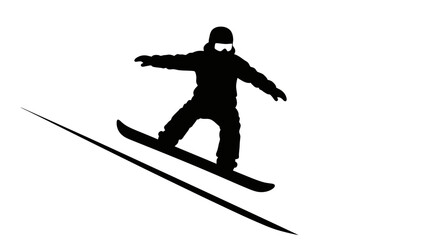 Dynamic Silhouette of a Snowboarder Actively Riding Downhill on an isolated white background. © Shella