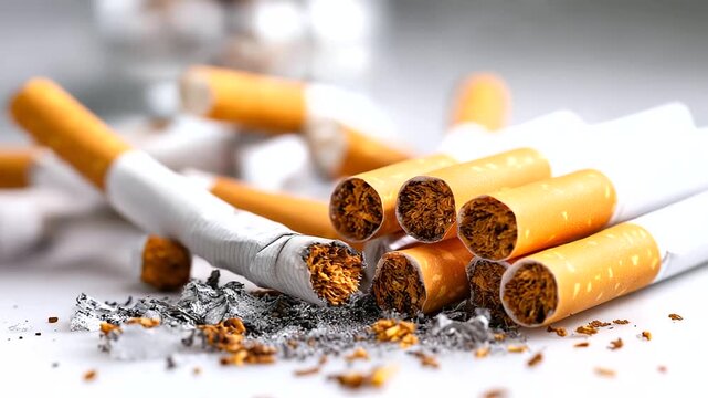 No smoking concept with broken cigarettes and ash scattered, smoking bans emphasis, health awareness visualization, quit smoking symbolism, white background, with copy space