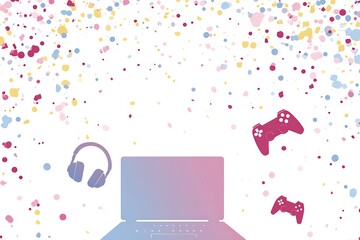 A vibrant and playful illustration featuring a laptop, headphones, and game controllers amidst a confetti-filled background, perfect for gaming enthusiasts.