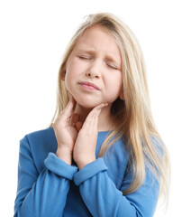 Little girl suffering from sore throat on white background. Cold symptom