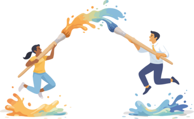 A lively illustration shows two people leaping toward each other while swinging oversized paintbrushes, creating a colorful splash that symbolizes creative collaboration and shared imagin