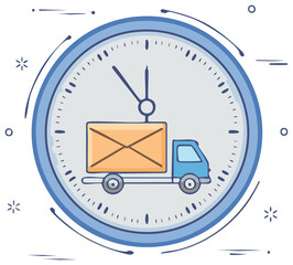 Express delivery truck with package inside a clock, symbolizing on-time shipping and logistics