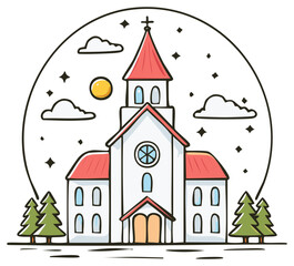 Charming illustration of a white church with a red roof surrounded by trees and a starry sky.