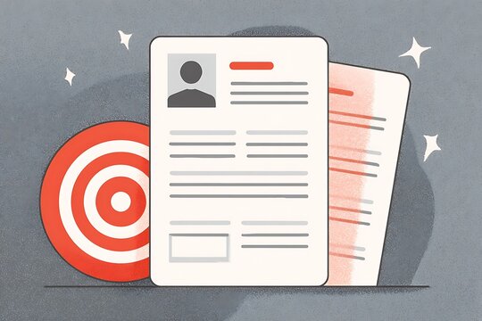 A graphic illustration depicts a resume next to a target, symbolizing career goals and job application success.