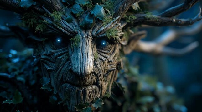 Mythic Leshy spirit with deer-like form, tree antlers covered in leaves and a humanoid wooden face with glowing eyes, surrounded by ancient forest spirits and primal magic.
