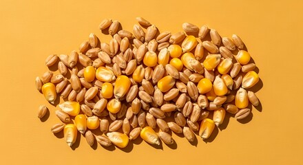 Top view of mixed organic wheat grains and yellow corn kernels isolated on a matching yellow background, agriculture concept.