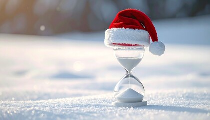 Christmas Countdown Concept &ndash; White Sand Hourglass Topped with Santa Hat on Snowy White Background