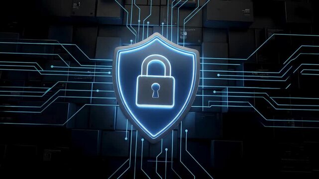 Cybersecurity lock circuit glowing protection shield chip technology background digital encryption firewall secure data network safety futuristic motherboard security video