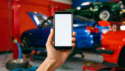 Person holding smartphone in bokeh blurry background busy auto repair garage with open car hoods