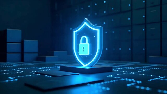 Cybersecurity digital shield glowing on network data background protecting information system in futuristic server room technology security concept animation video
