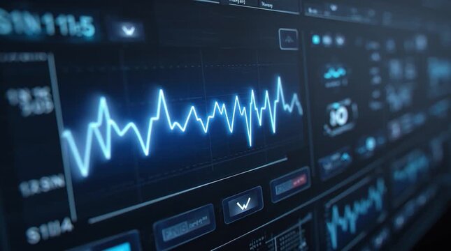 Diagnostic frequency screen with visible harmonic peaks in a modern medical UI layout, blue-white gradient interface visualizing signal analysis, health diagnostics and clinical technology.

