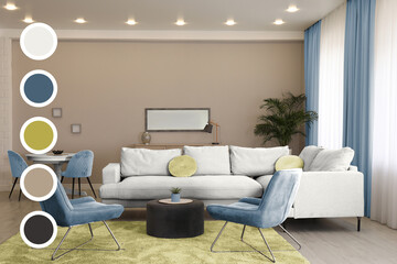 Cozy living room with furniture. Interior design with color of 2026 year and matching shades palette