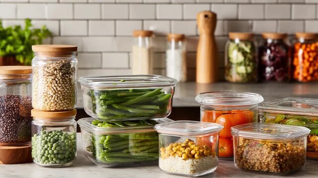 Organized Pantry: An artful arrangement of assorted food items preserved in clear glass jars and containers creates a visual symphony of freshness and organization, representing health and wellness.