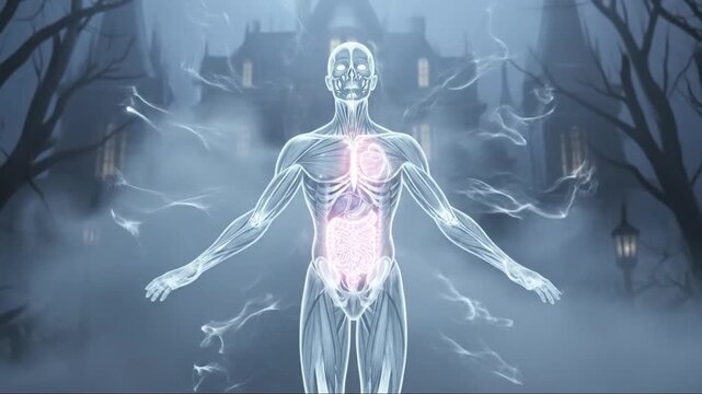 Ethereal supernatural human figure with glowing skeletal features amidst haunted foggy landscape